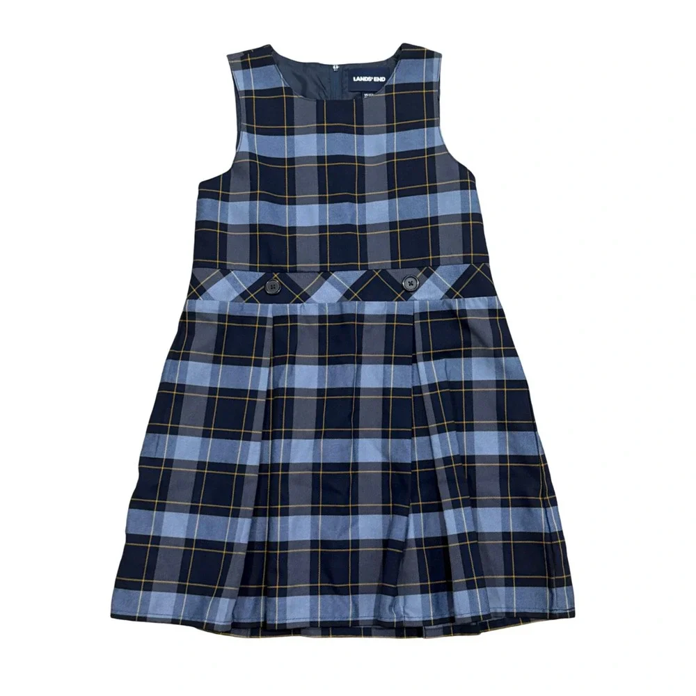Lands End Girls Blue Plaid School Uniform Jumper Dress Size 12 Pleated
